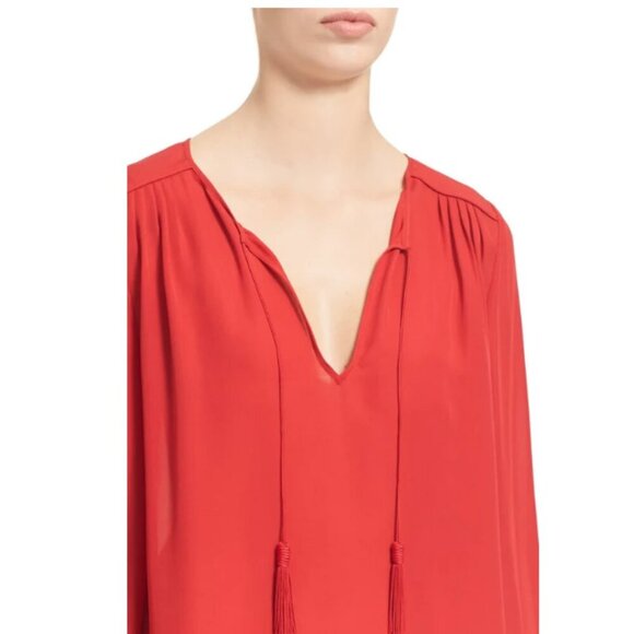 Joie Odelette Silk Top Womens Medium Red V Neck Tassel Ties Long Sleeve Blouse - Picture 10 of 10